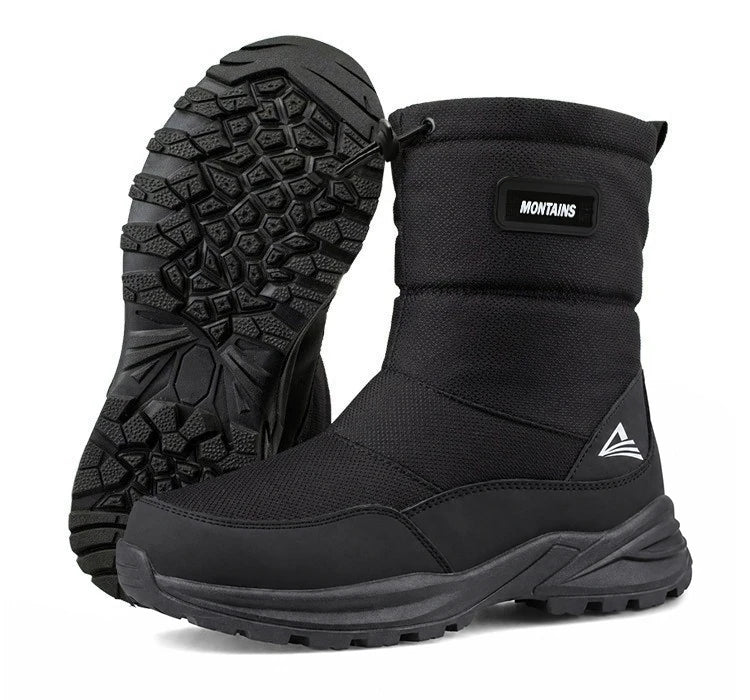 Winter Snow Boots for Men Warm Fur Lined Water-Resistant Non-Slip Outdoor Walking Shoes Side Zipper Drawstring Black Winter Gift
