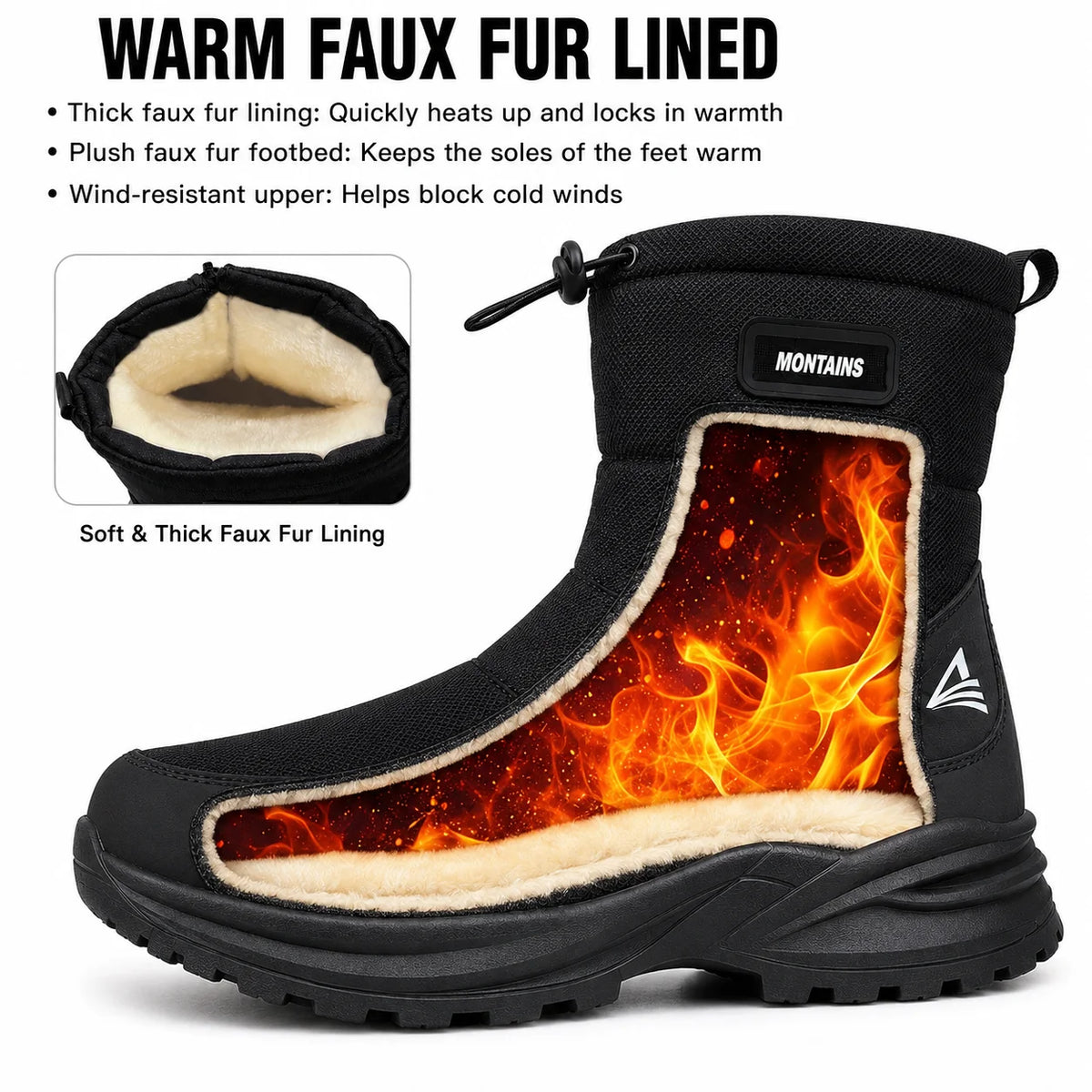 Winter Snow Boots for Men Warm Fur Lined Water-Resistant Non-Slip Outdoor Walking Shoes Side Zipper Drawstring Black Winter Gift
