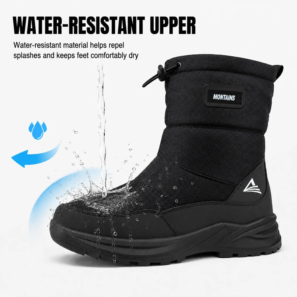 Winter Snow Boots for Men Warm Fur Lined Water-Resistant Non-Slip Outdoor Walking Shoes Side Zipper Drawstring Black Winter Gift