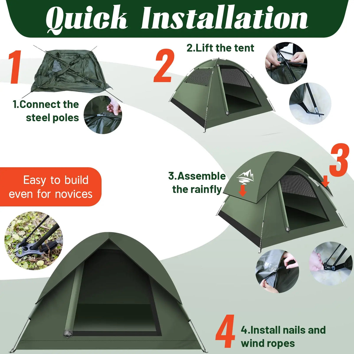 3-4 People Tents for Camping with Shelter 100% Waterproof Windproof  Easy Set Up Tent with Removable for Adventure Backyard