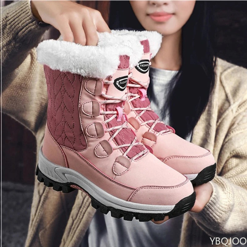 Winter snow boots for women's outdoor travel waterproof anti slip thickened warm high top cotton shoes women's midsole boots