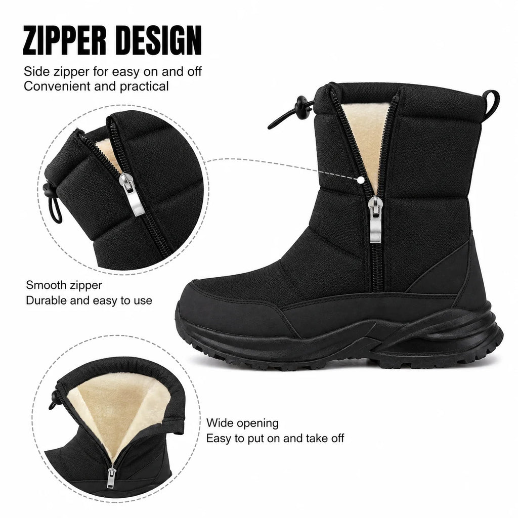Winter Snow Boots for Men Warm Fur Lined Water-Resistant Non-Slip Outdoor Walking Shoes Side Zipper Drawstring Black Winter Gift