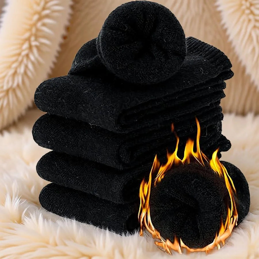 5 Pairs of Black Winter Socks for Men, Thickened and Warm, Cold-Resistant, with Inner Terry Lining, Fleece-Lined Warm Mid-Calf Socks for Autumn and Winter, High-Top Socks, Comfortable and Soft, Casual and Business Socks for A