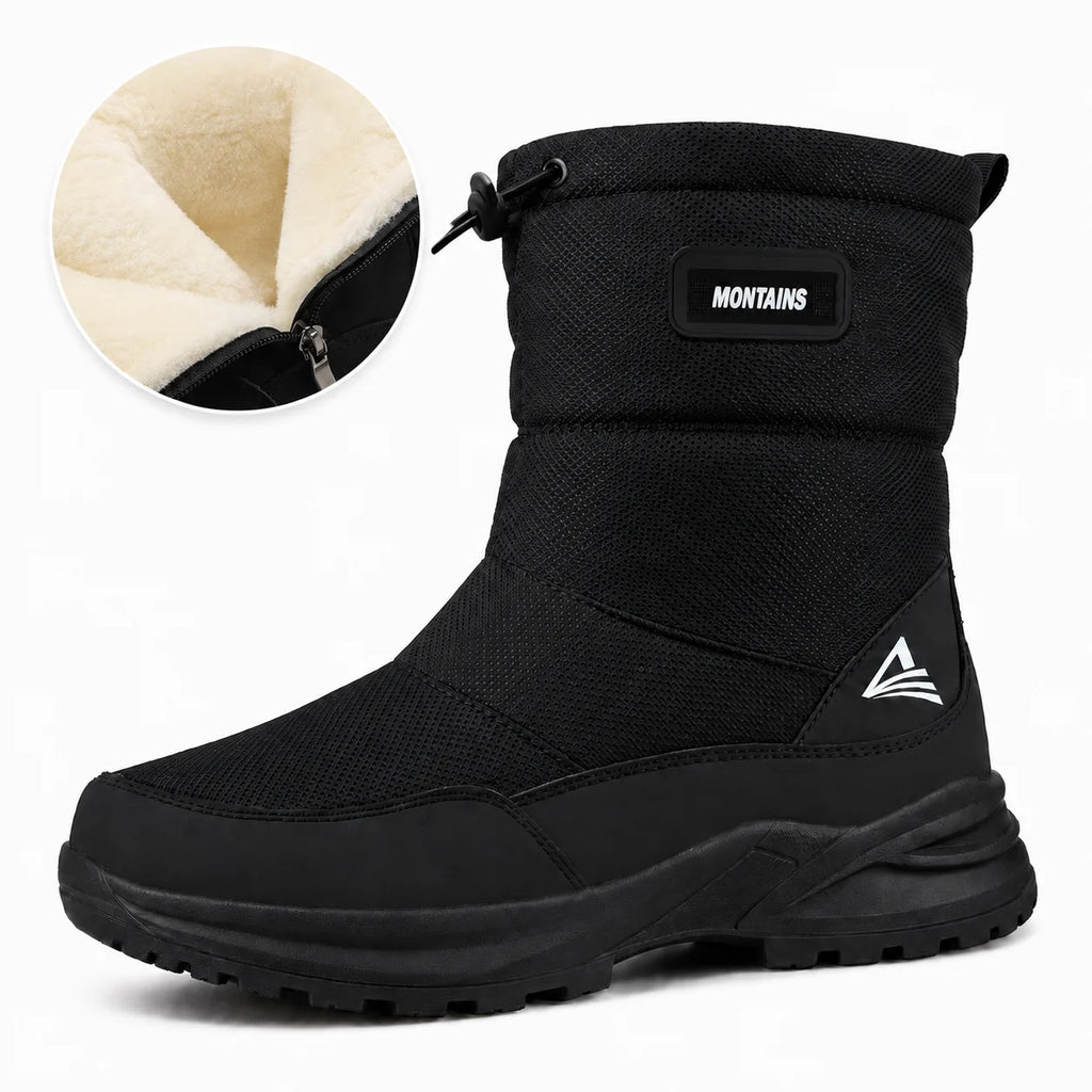 Winter Snow Boots for Men Warm Fur Lined Water-Resistant Non-Slip Outdoor Walking Shoes Side Zipper Drawstring Black Winter Gift