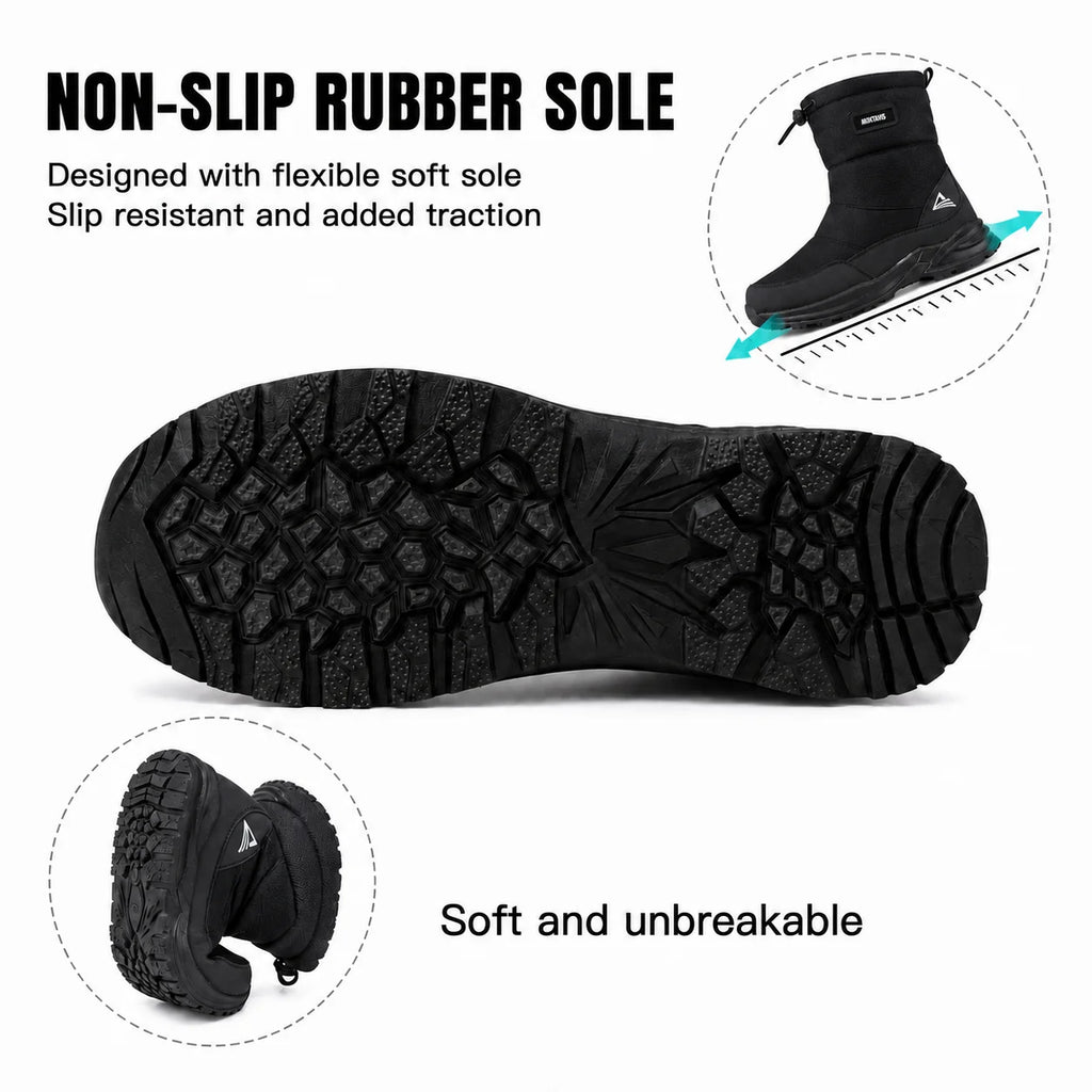 Winter Snow Boots for Men Warm Fur Lined Water-Resistant Non-Slip Outdoor Walking Shoes Side Zipper Drawstring Black Winter Gift